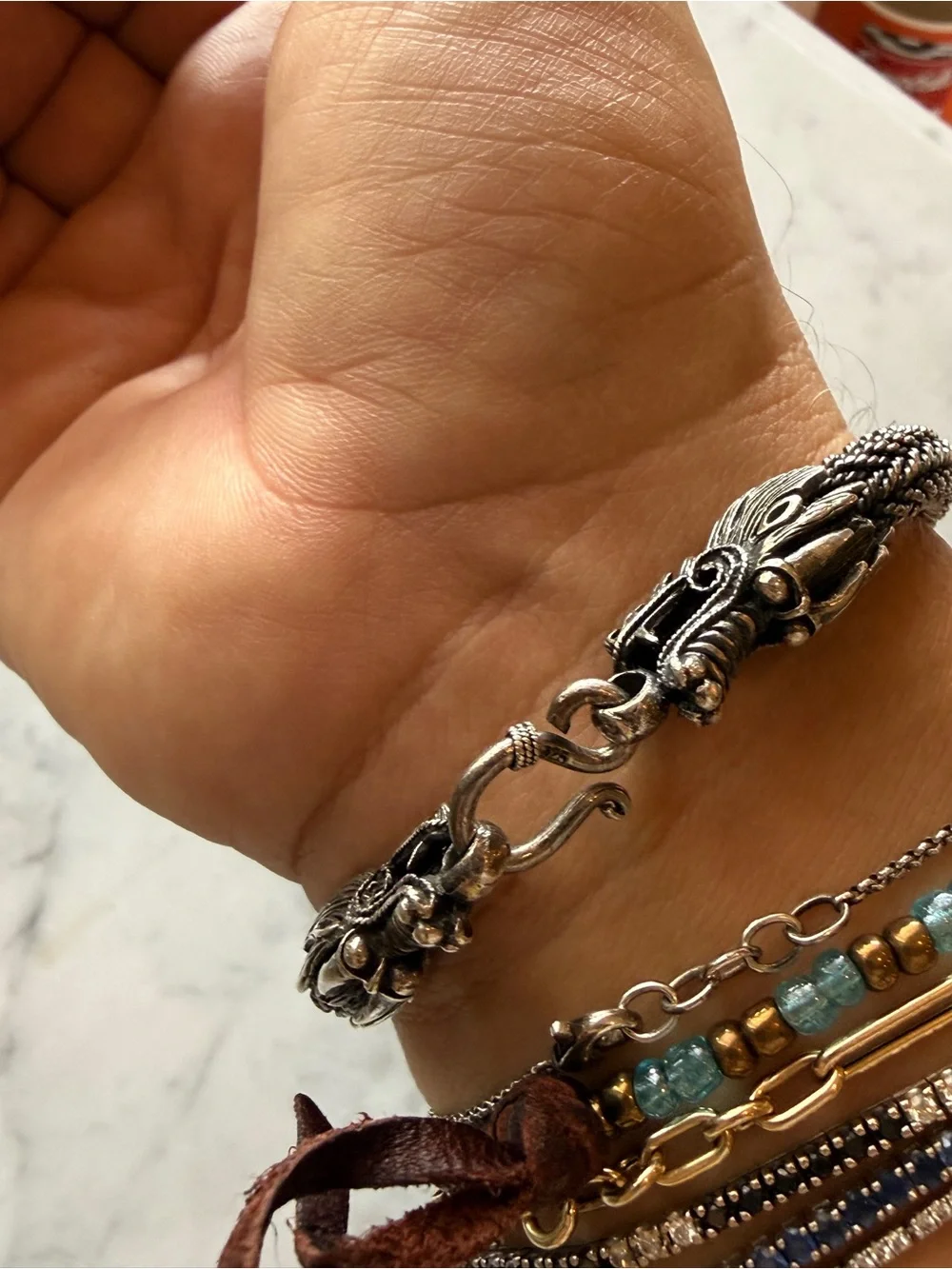 Sterling Silver Dragon Head Woven Bracelet - Silver